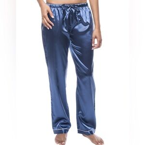 Noble Mount Luxury Satin Pajama Pants Dusty Blue Contrast Trim Side Pockets Sz M
